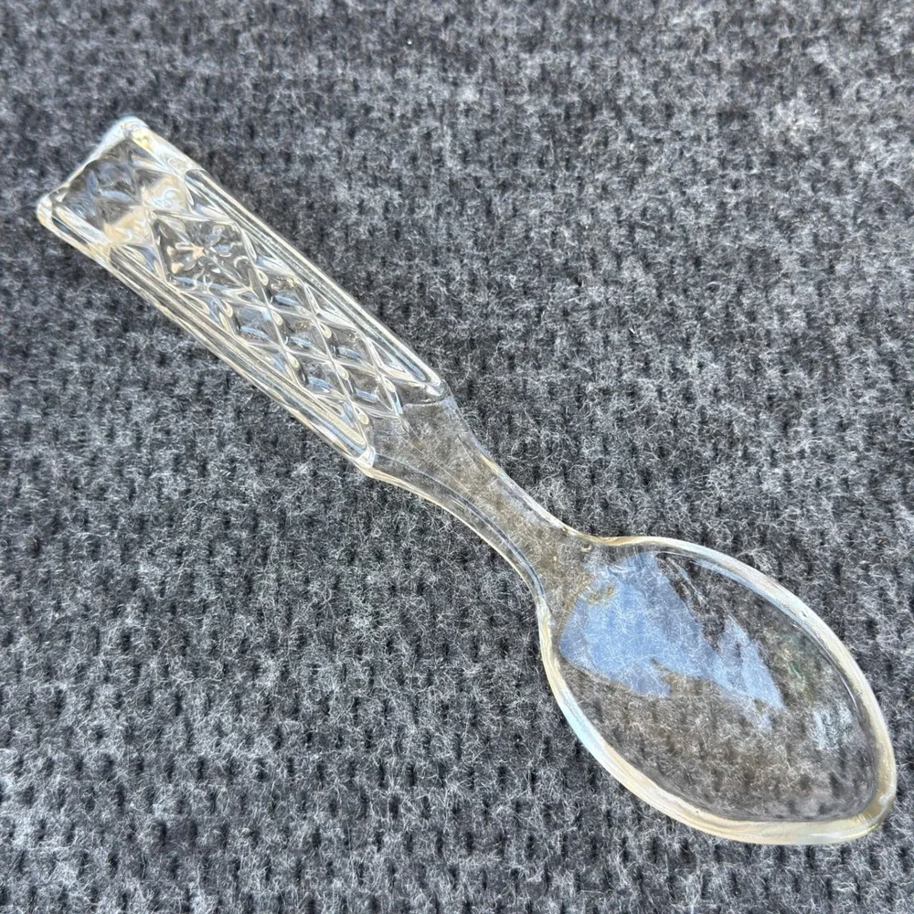 Vintage Clear Pressed Glass Serving Spoon Diamond Point Star Pattern 9 Inch